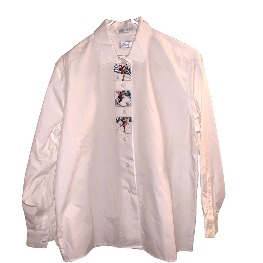 Foxcroft Woman’s White Winter Theme Button Down Long Sleeve Shirt Size 8